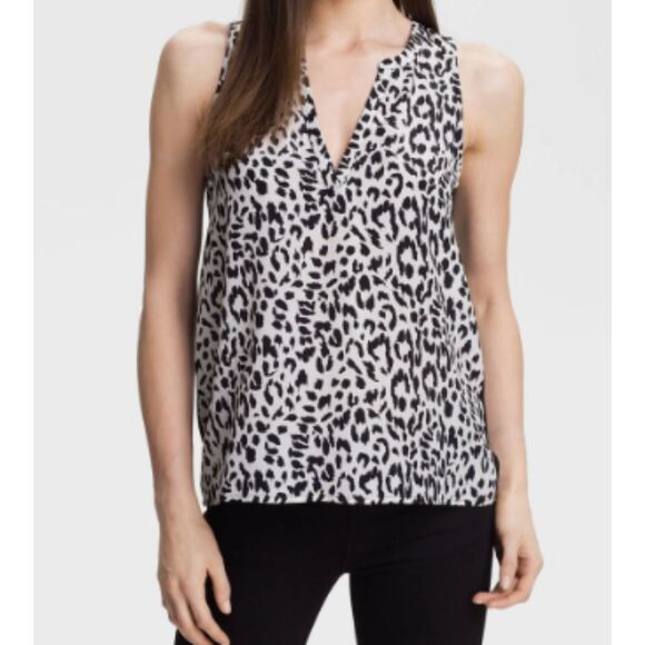 Joie Tank Blouse XS Corette Silk Black White Animal Print Sleeveless Sheer Back - Picture 2 of 8